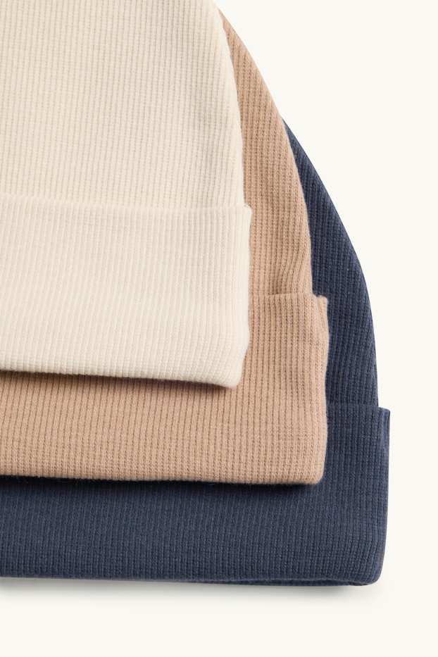 Baby: jongens - Set van 3 - babymuts - ribstof - beige / blauw