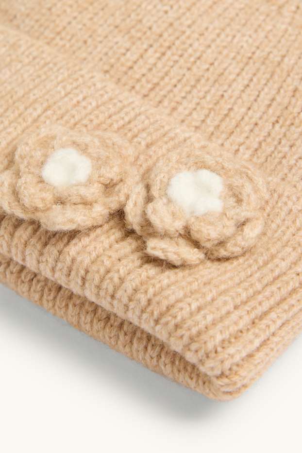Baby Mädchen - Blümchen - Baby-Mütze - gerippt - hellbraun