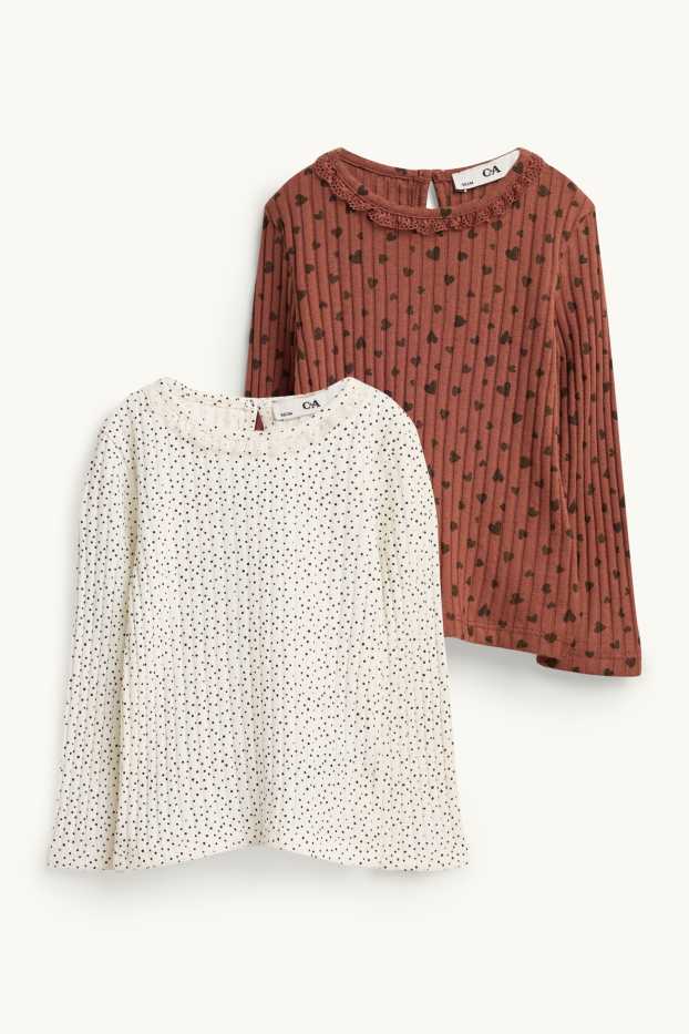 Enfants filles - Lot de 2 - cœur - haut à manches longues - finition côtelée - marron / blanc crème