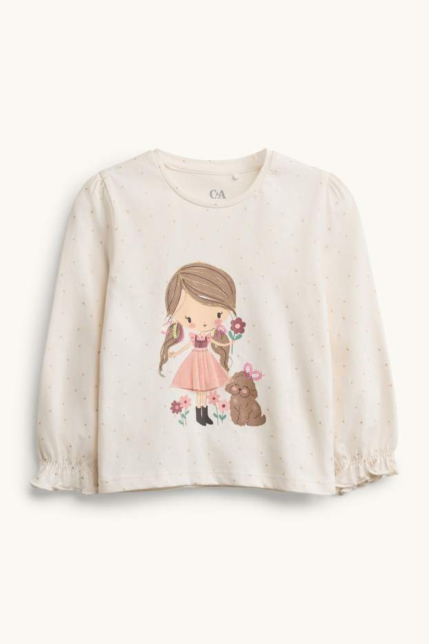 Kinder Mädchen - Langarmshirt - Mädchen und Hund - Glanz-Effekt - gepunktet - cremeweiss