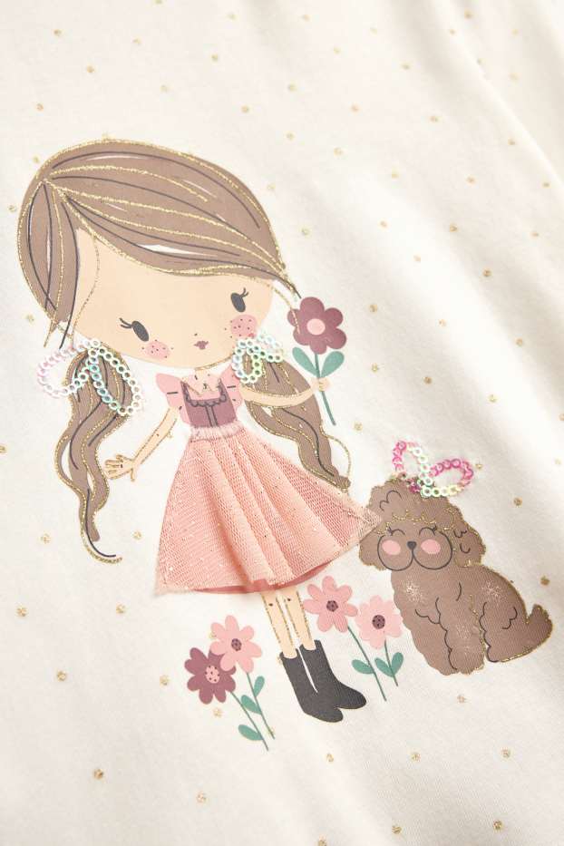 Kinder Mädchen - Langarmshirt - Mädchen und Hund - Glanz-Effekt - gepunktet - cremeweiss