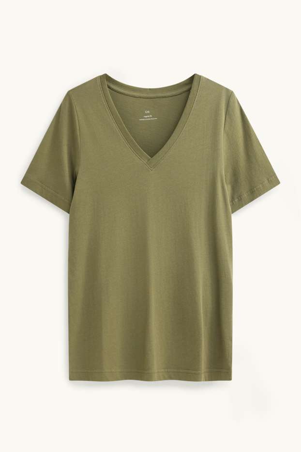 Damen - T-Shirt mit V-Ausschnitt - Regular Fit - khaki