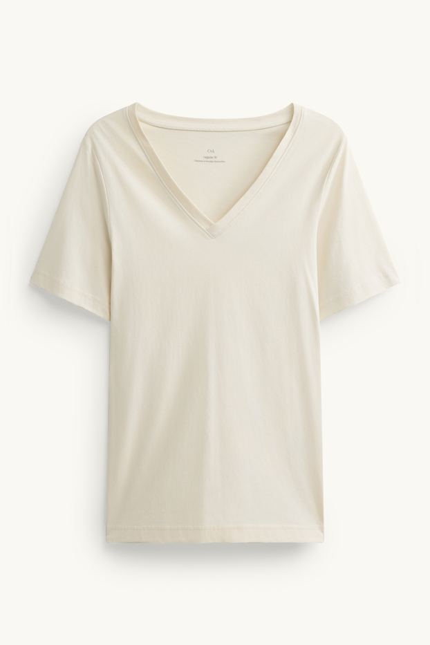 Dames - T-shirt met V-hals - regular fit - crèmekleurig