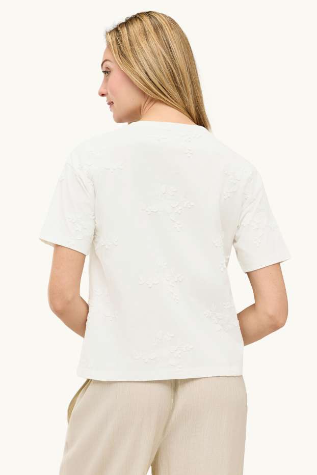 Damen - T-Shirt - Regular Fit - bestickt - geblümt - weiß