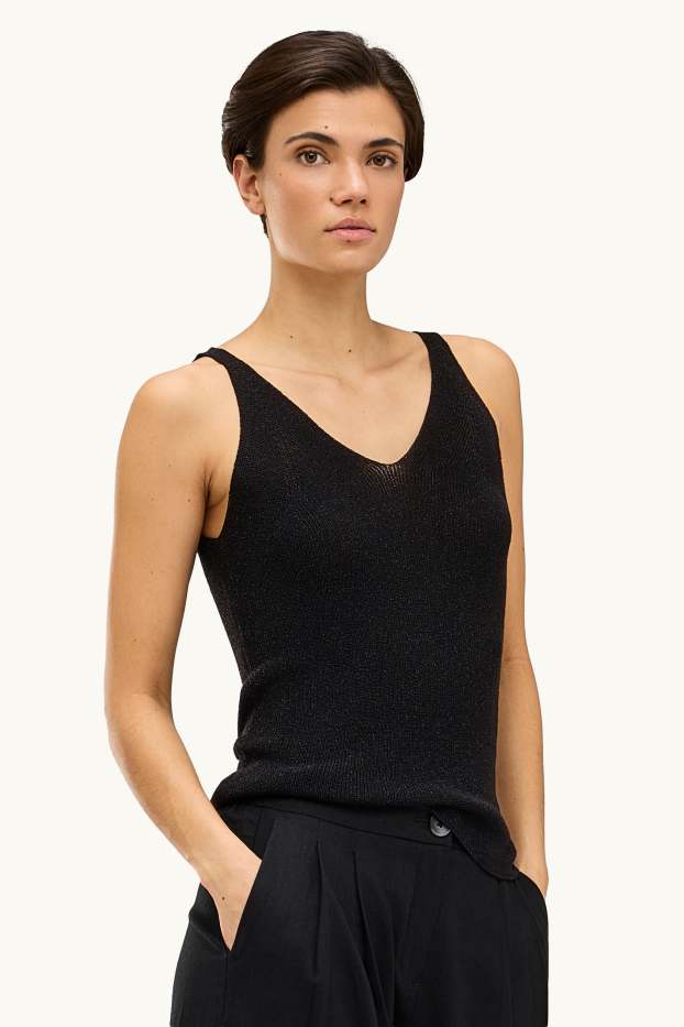 Dona - Top - efecte brillant - negre/platejat