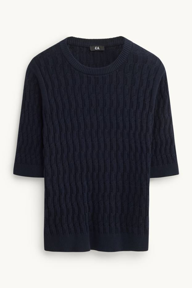 Damen - Strickpullover - kurzarm - Zopfmuster - dunkelblau