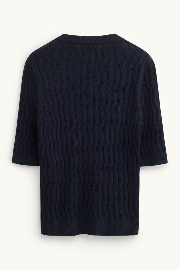 Damen - Strickpullover - kurzarm - Zopfmuster - dunkelblau