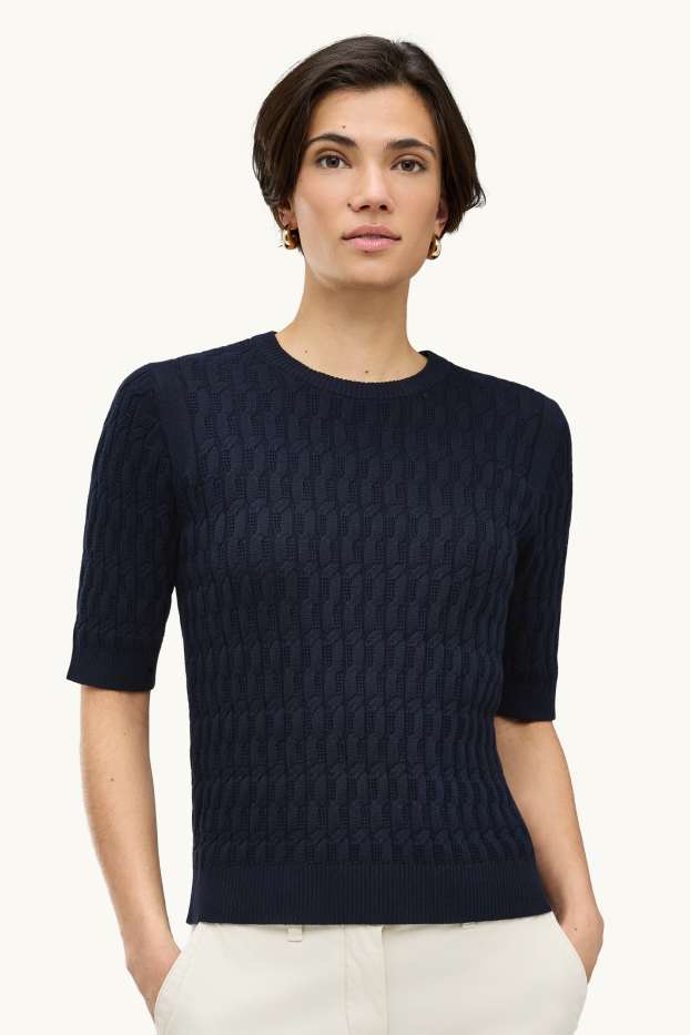 Damen - Strickpullover - kurzarm - Zopfmuster - dunkelblau