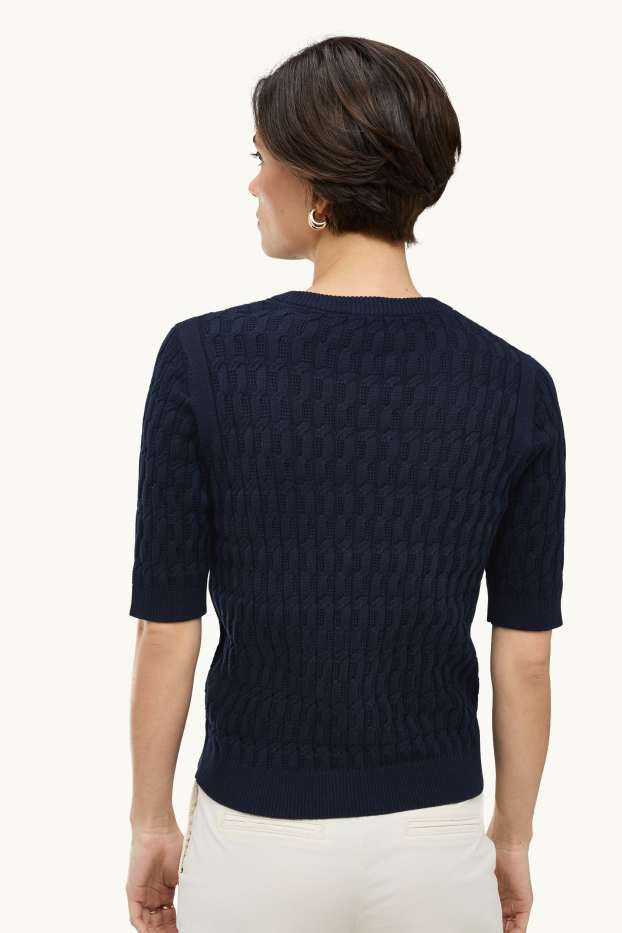 Damen - Strickpullover - kurzarm - Zopfmuster - dunkelblau