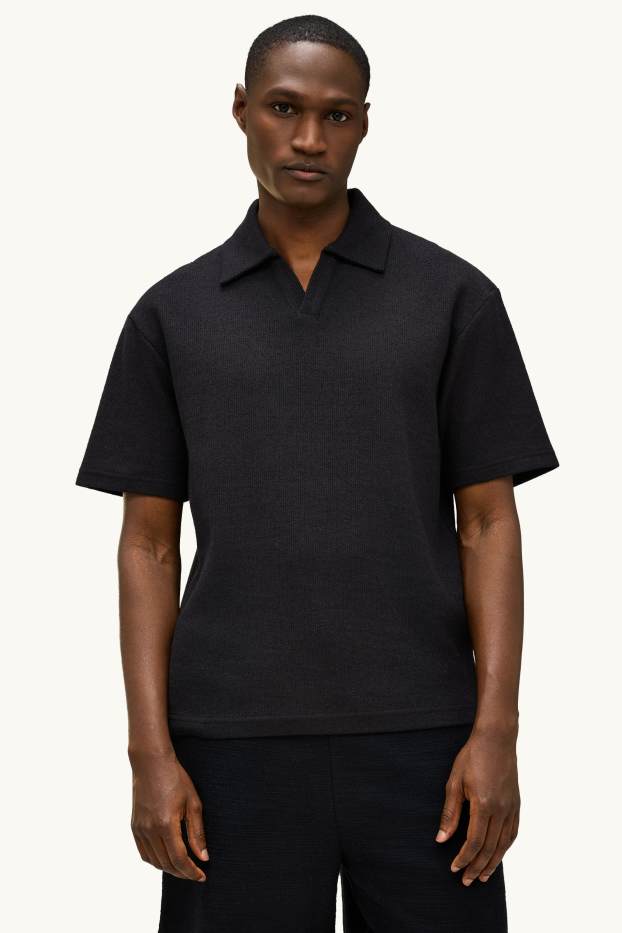 Heren - Gebreid poloshirt - relaxed fit - zwart