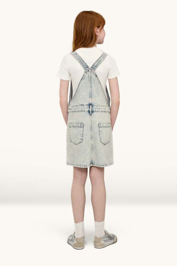 Enfants filles - Ensemble - T-shirt et robe-salopette en jean - 2 pièces - blanc / bleu clair