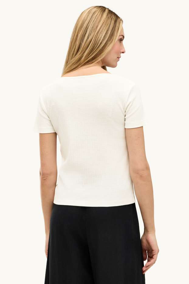 Donna - T-shirt con scollo a V - a coste - bianco