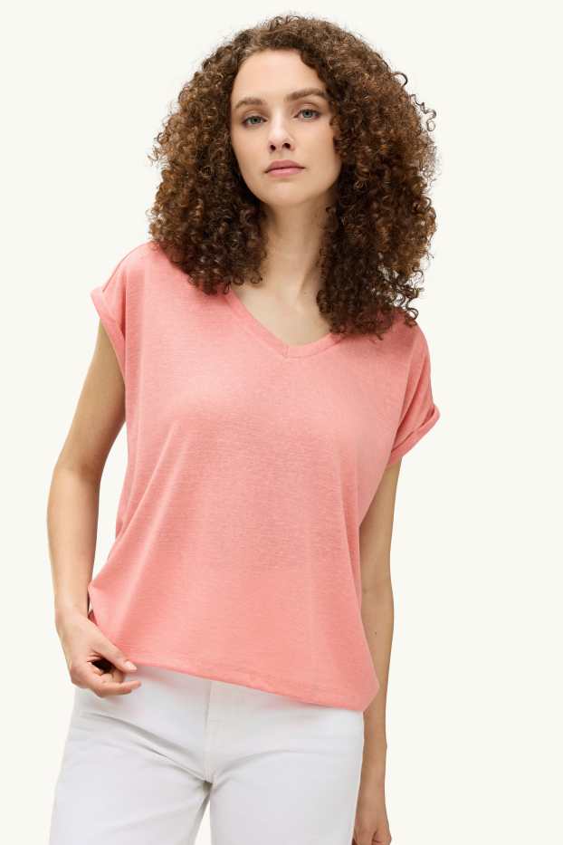 Damen - T-Shirt mit V-Ausschnitt - Relaxed Fit - coral