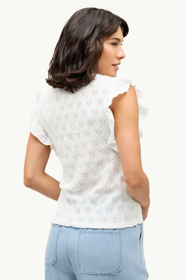 Femmes - T-shirt - regular fit - broderie anglaise - blanc