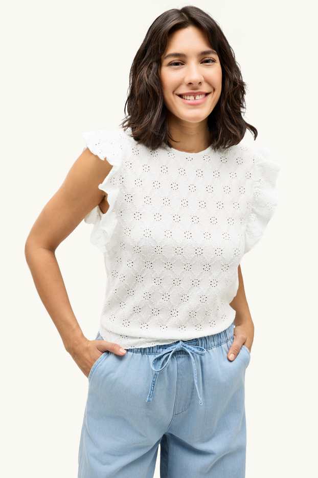 Femmes - T-shirt - regular fit - broderie anglaise - blanc