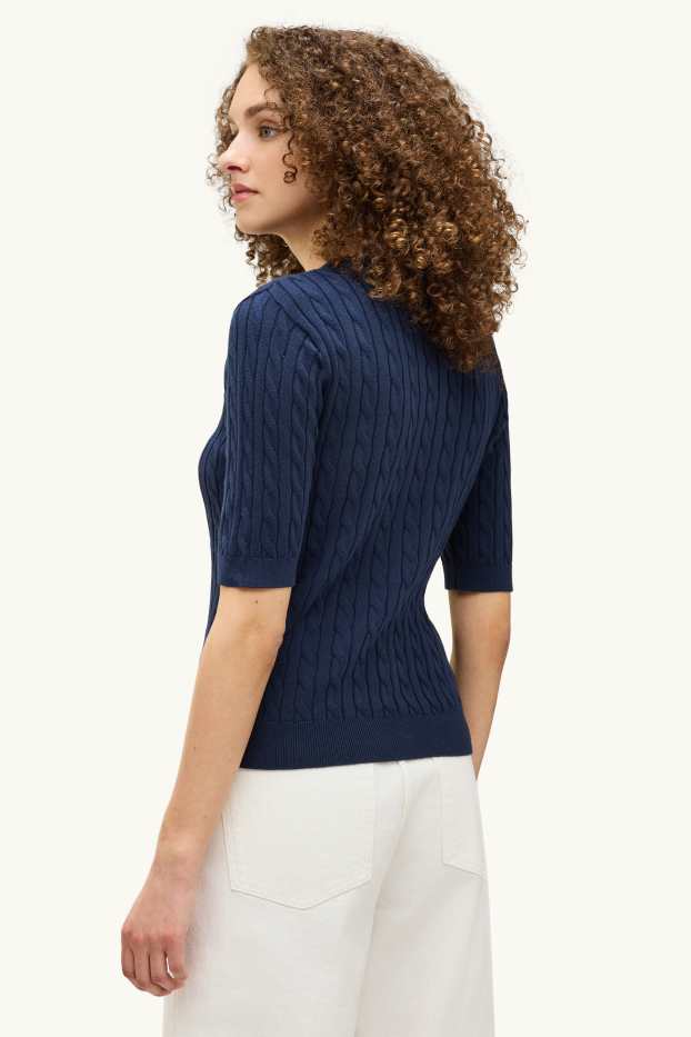 Dames - Gebreide trui - korte mouwen - kabelpatroon - blauw