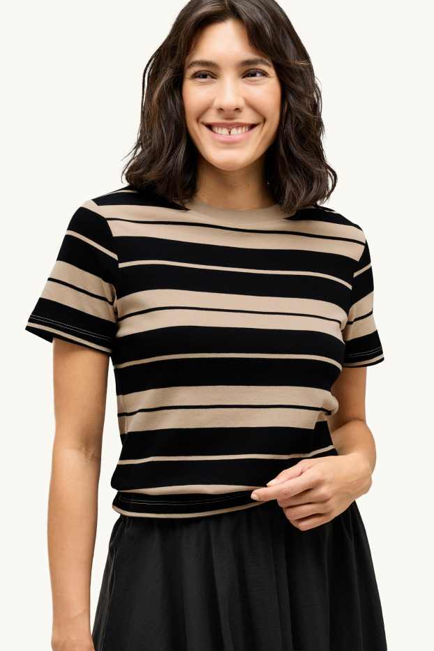 Femmes - T-shirt - slim fit - à rayures - noir / beige