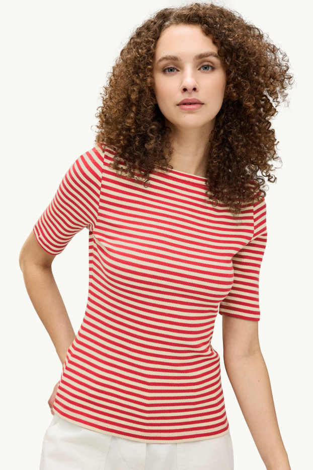 Femmes - T-shirt - regular fit - à rayures - finition texturée - rouge / blanc crème