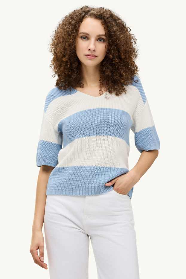 Dames - Gebreide trui - korte mouwen - ribstof - gestreept - blauw / wit