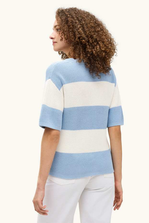 Dames - Gebreide trui - korte mouwen - ribstof - gestreept - blauw / wit