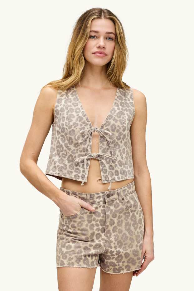 Damen - Jeans-Weste - Leo-Print - beige