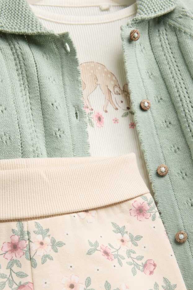 Neonate - Cerbiatto e fiore - completo per neonate - 3 pezzi - verde / beige