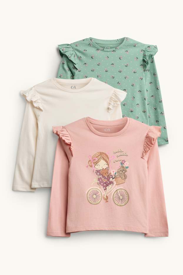 Copii - Fete - Multipack 3 buc. - fată și floare - tricou cu mânecă lungă - aspect lucios - verde / roz