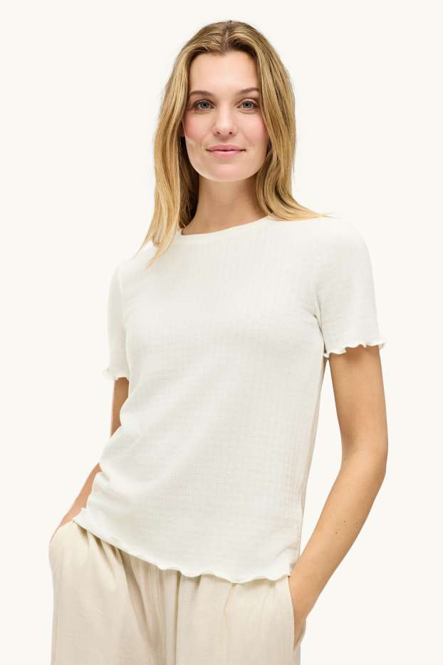 Femmes - T-shirt en finition pointelle - regular fit - blanc