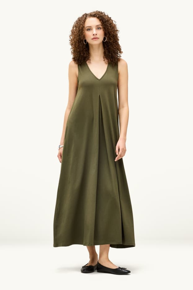 Donna - Vestito svasato con scollo a V - kaki