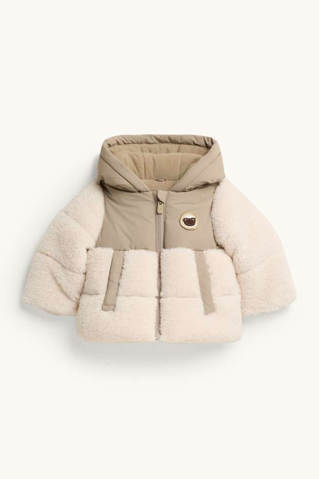Baby: jongens - Beertje - babyjas van teddystof, met capuchon - gevoerd - beige