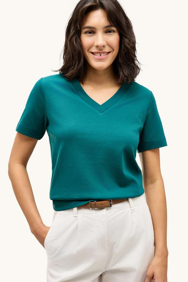 Femmes - T-shirt avec encolure en V - slim fit - turquoise