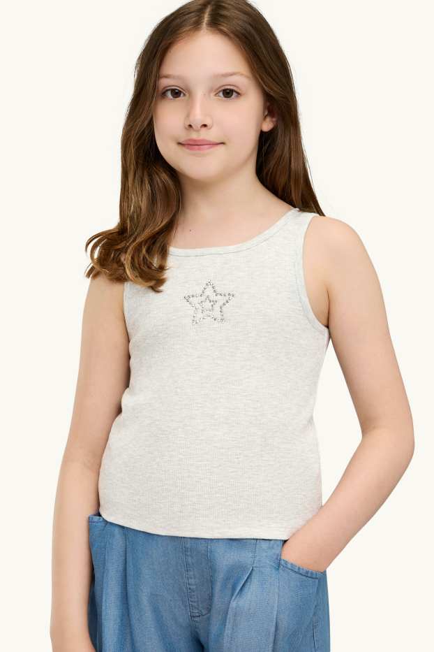 Enfants filles - Etoile - haut avec pierres de strass - finition côtelée - gris clair