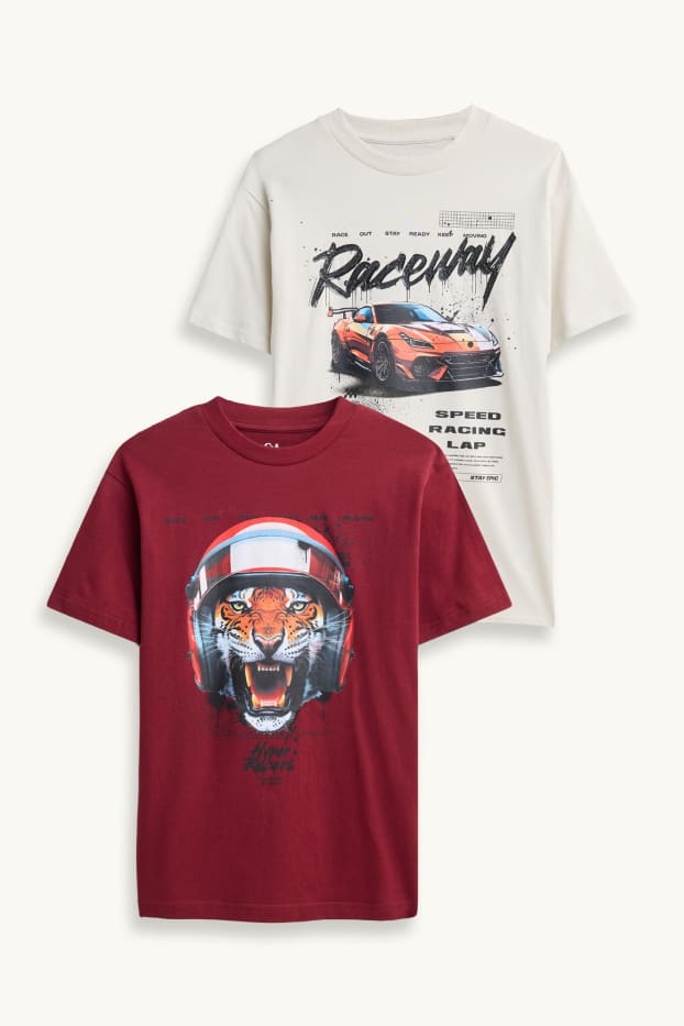 Bambini - Confezione da 2 - auto da corsa e tigre - maglia a maniche corte - bianco crema