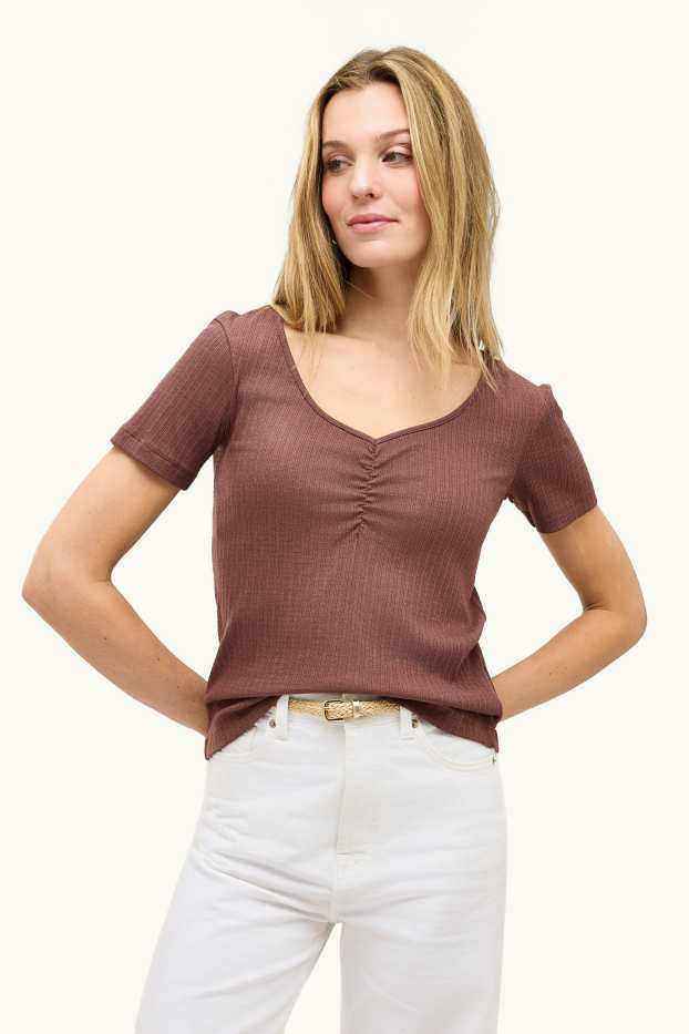 Dames - T-shirt met V-hals - geribd - bruin