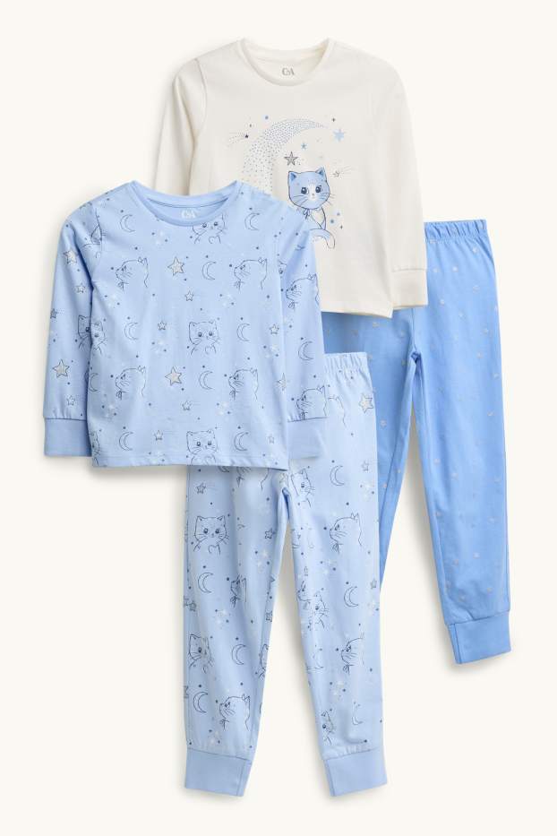 Enfants filles - Lot de 2 - chat, lune et étoiles - pyjama - effet brillant - 4 pièces - bleu