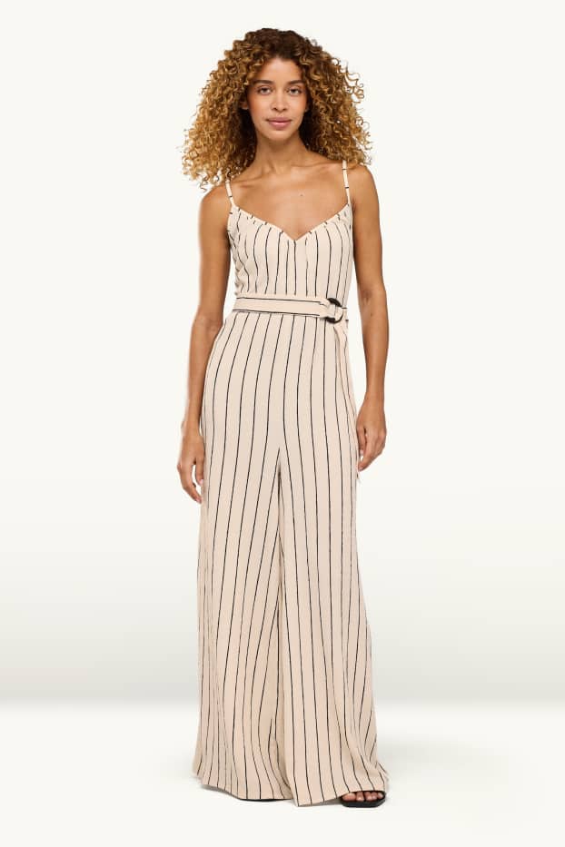 Femmes - Combinaison avec ceinture - fines rayures - beige