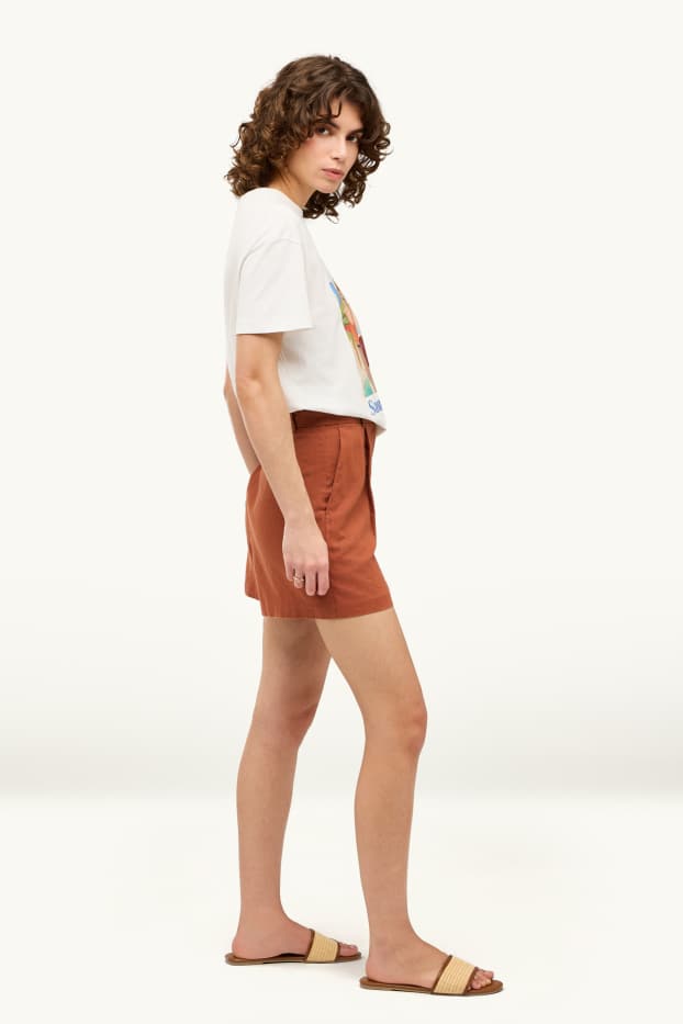 Femmes - Short - mid waist - lin mélangé - terracotta