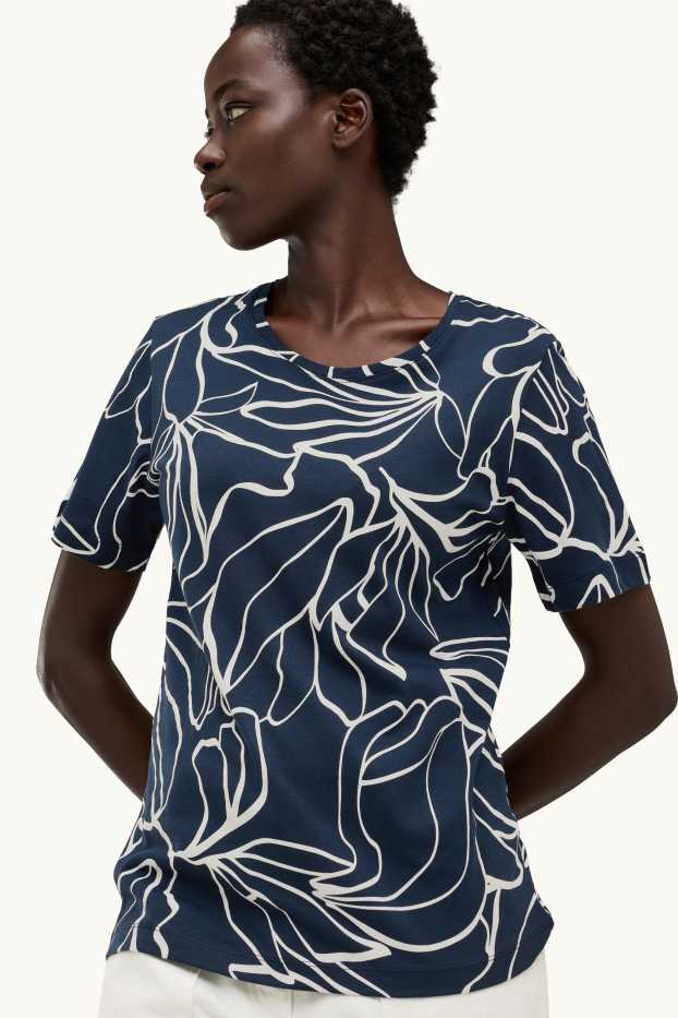 Damen - T-Shirt - Regular Fit - gemustert - dunkelblau / weiß