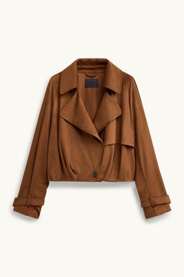 Femei - Trenci crop - imitație de piele întoarsă - maro
