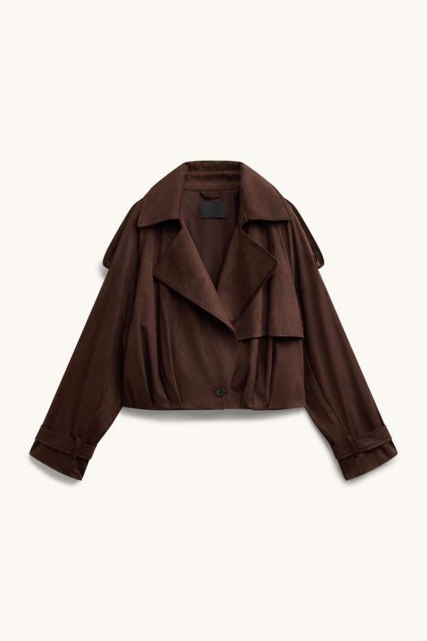 Femei - Trenci crop - imitație de piele întoarsă - maro închis