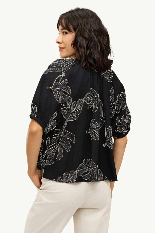 Damen - Bluse mit V-Ausschnitt - gemustert - schwarz