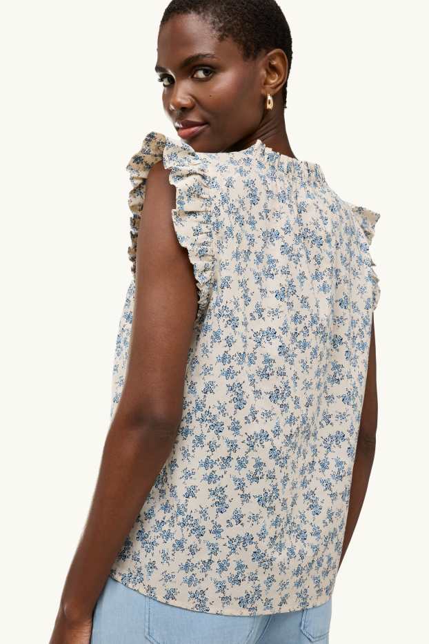 Women - V-neck blouse - floral - creme