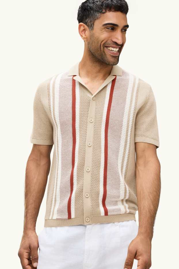 Herren - Strick-Hemd - Relaxed Fit - Reverskragen - gestreift - beige
