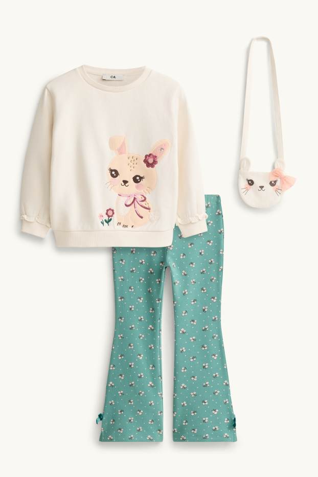 Children Girls - Bunny rabbit - set - sweatshirt, leggings and bag - shiny - 3 piece - white / green