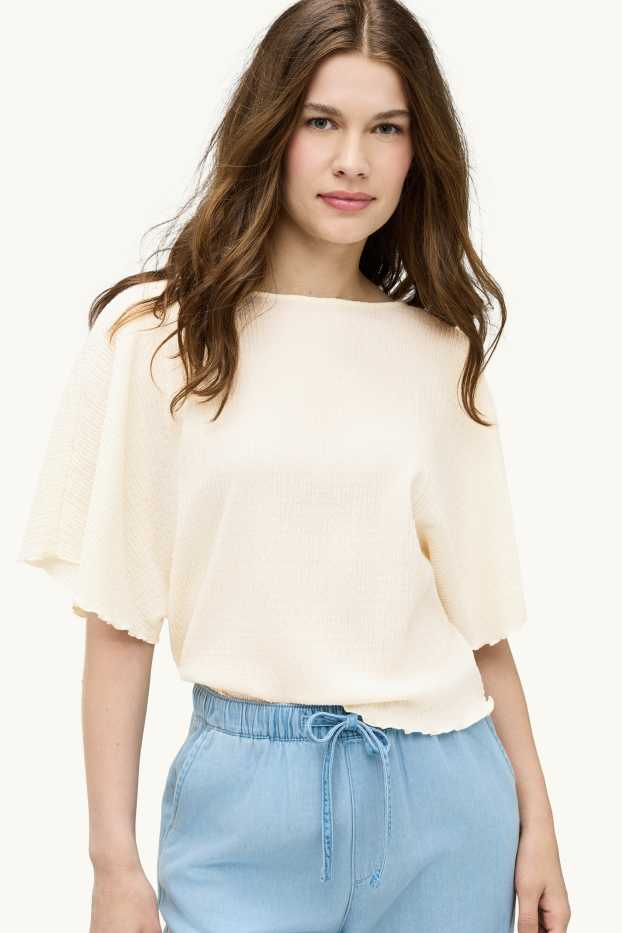 Damen - T-Shirt - Regular Fit - gesmokt - cremefarben