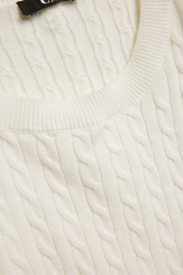 Damen - Strickpullover - kurzarm - Zopfmuster - cremeweiss
