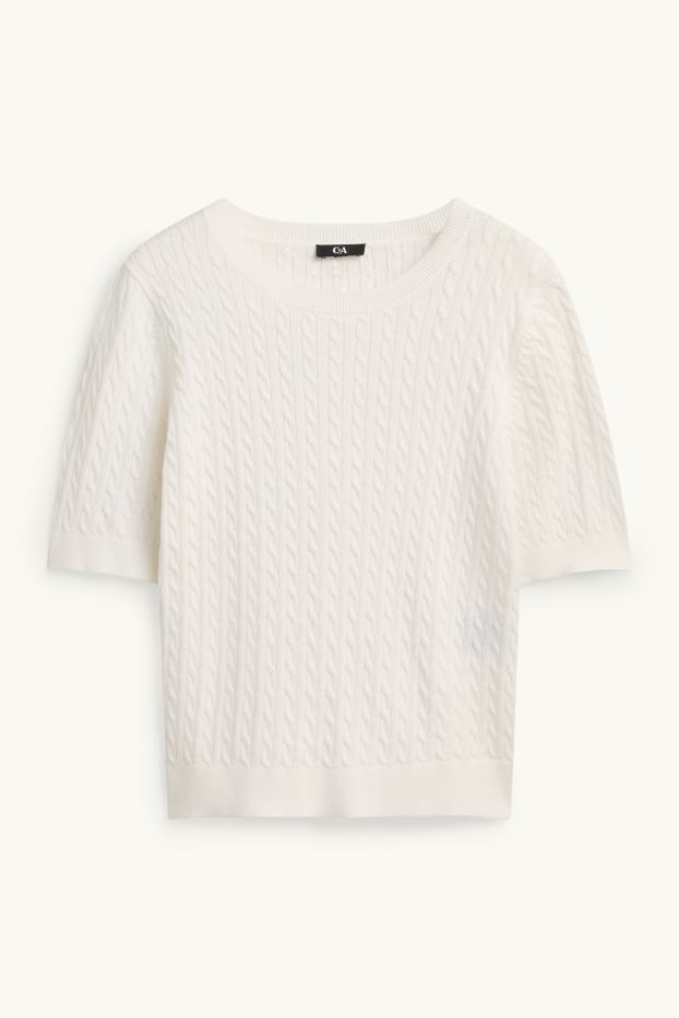 Damen - Strickpullover - kurzarm - Zopfmuster - cremeweiss