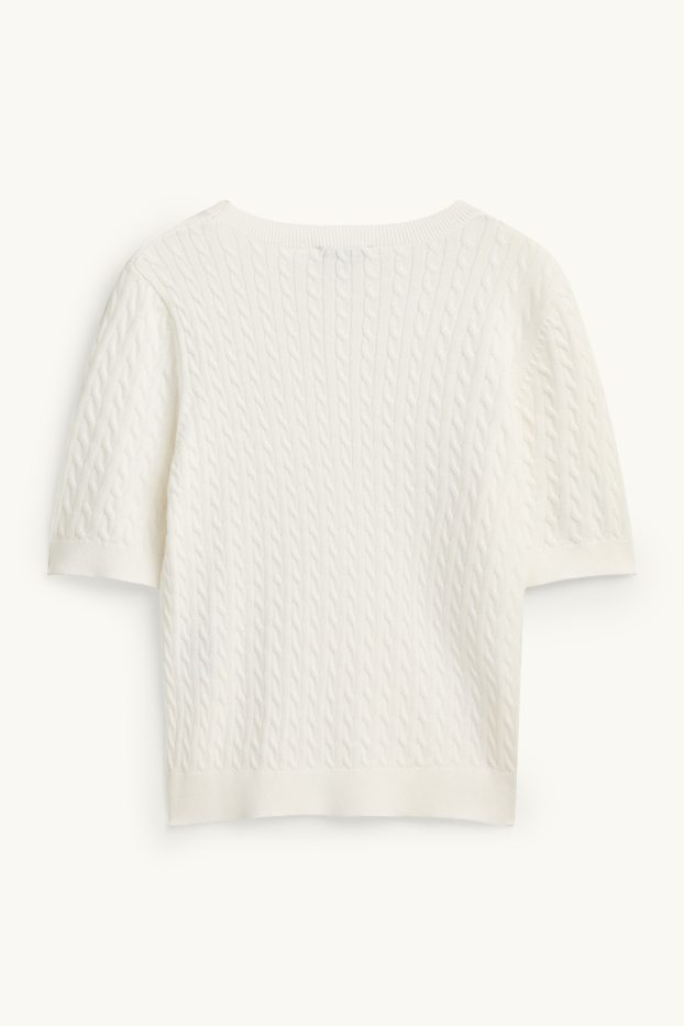 Damen - Strickpullover - kurzarm - Zopfmuster - cremeweiss