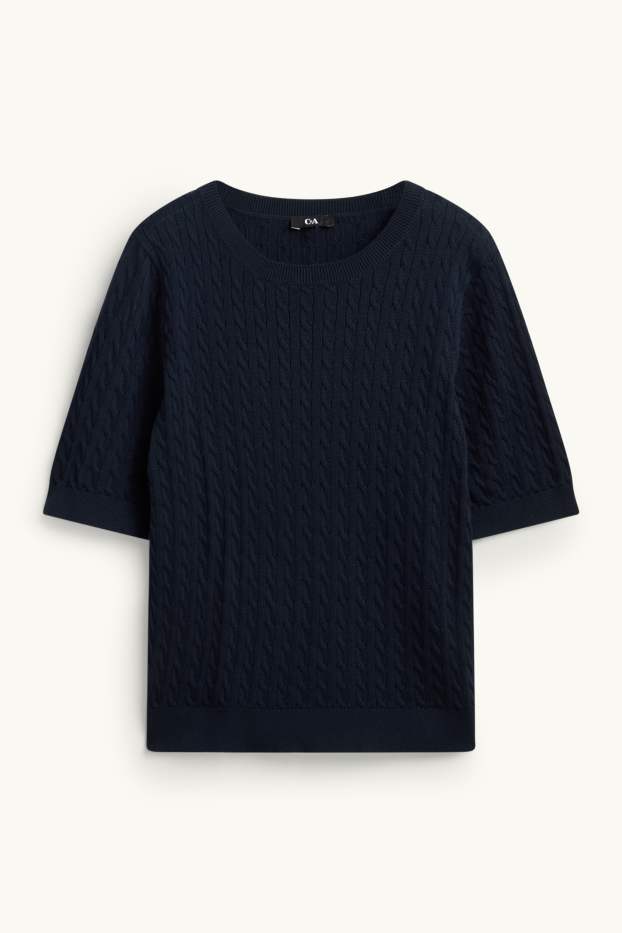 Damen - Strickpullover - kurzarm - Zopfmuster - dunkelblau