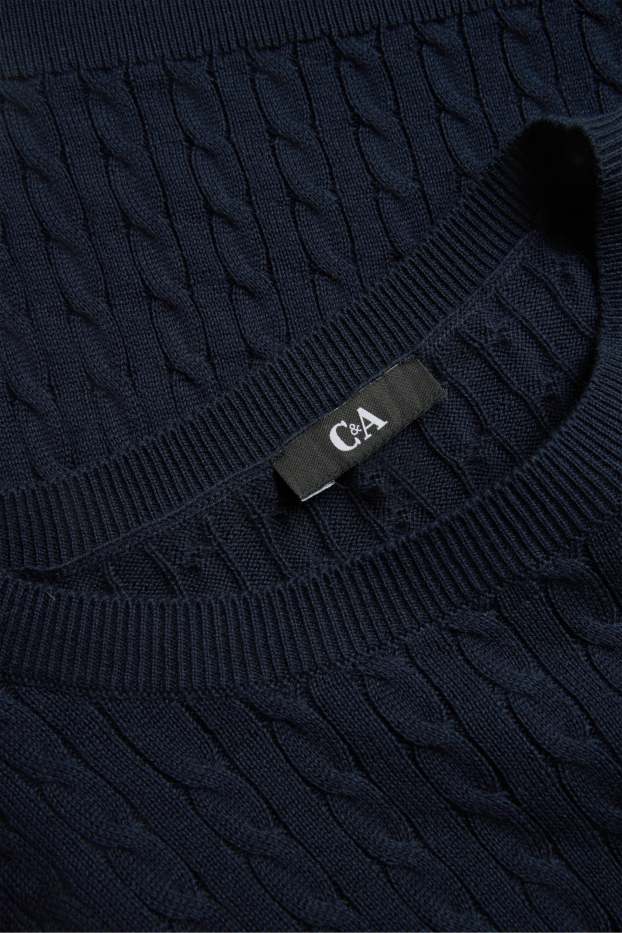 Damen - Strickpullover - kurzarm - Zopfmuster - dunkelblau
